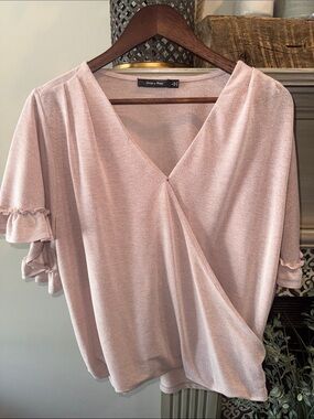 Doe & Rae Dusty Pink Wrap-Front Flutter Sleeve Blouse